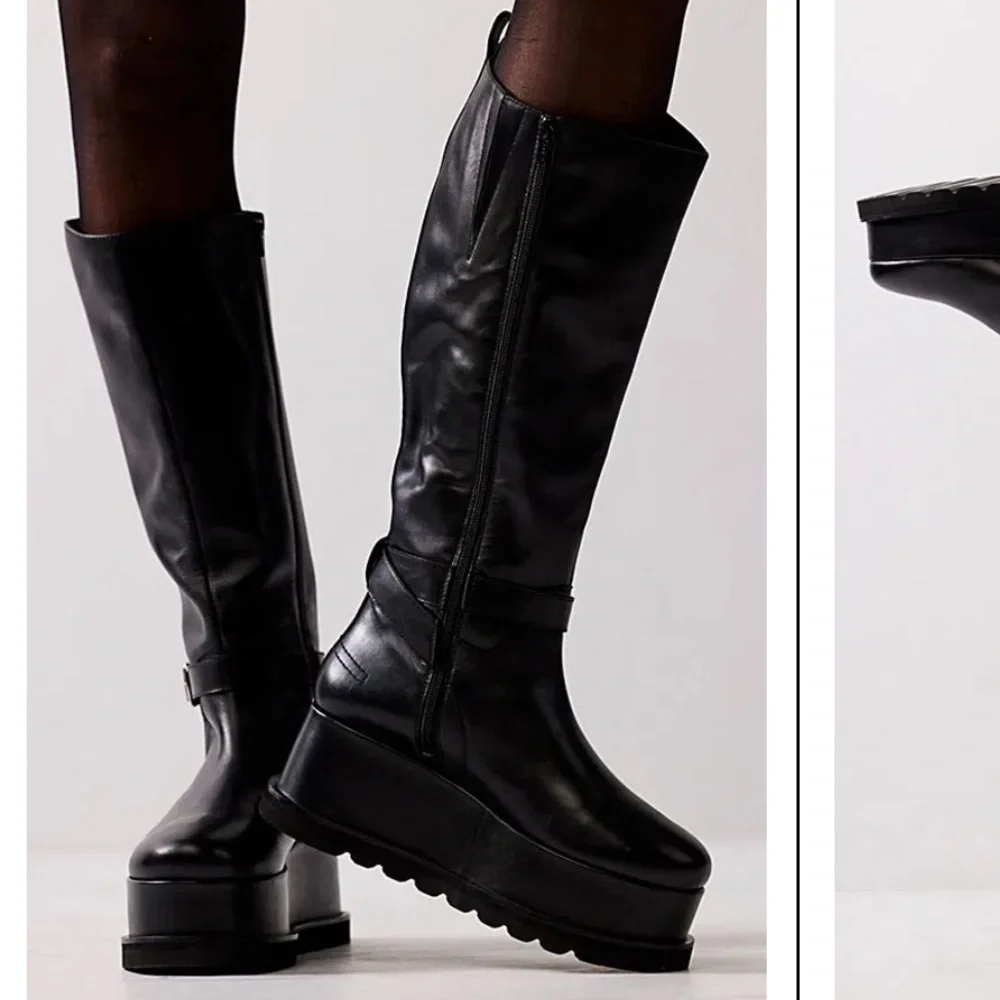 Free People Collection Not For Riding Platform Boots Tall Leather Buckle Black
